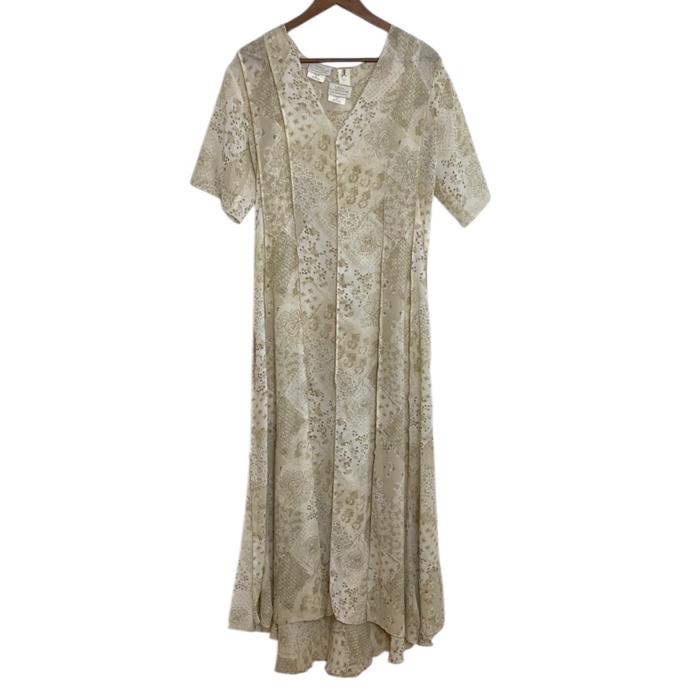 Vintage Linda Lundstrom Dress Womens Medium Large Beige Floral Chiffon Maxi Slip